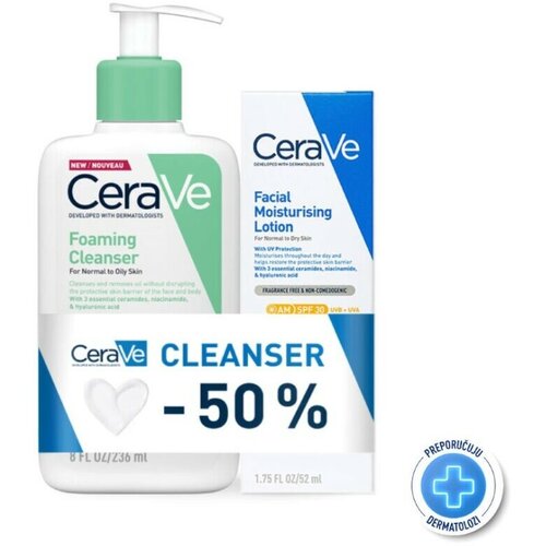 CeraVe Penušavi gel za čišćenje za normalnu i masnu kožu, 236 ml+Hidratantna nega za lice za normalnu do suvu kožu SPF30, 52 ml PROMO Cene