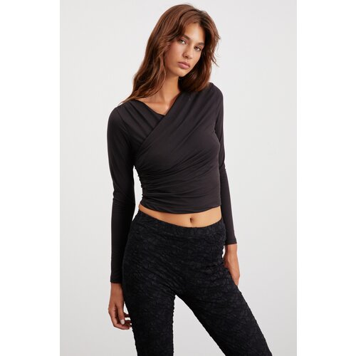 Grimelange Briana Women&amp;#039;s Semi-Shiny Polyester Stretch Fabric Double Breasted Closed Neck Black Blous Slike