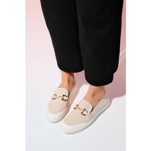 LuviShoes MARRAKECH Beige Denim Women's Buckled Loafer Shoes Slike