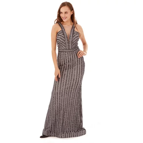Carmen Gray Striped Sequined Fishnet Evening Dress