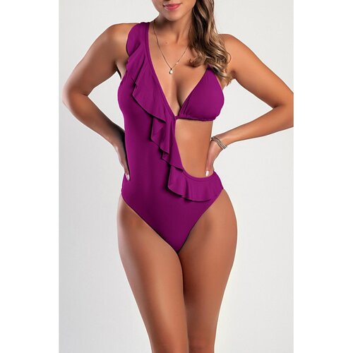 Fenzy Asimetrični Jednodijelni Kupaći Kostim S Volanima, Ljubičasti Cene