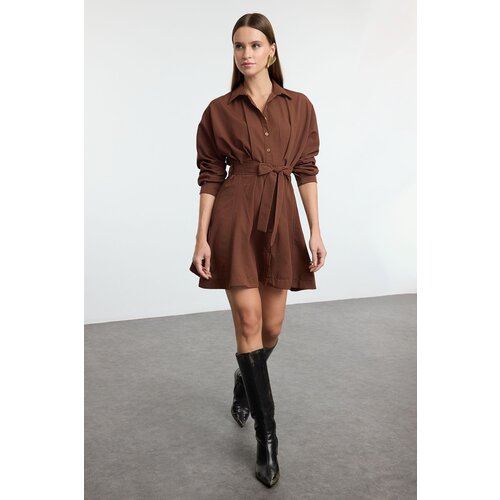 Trendyol Brown Mini Woven Shirt Dress with Open Waist Skirt Slike