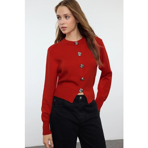 Trendyol Dark Red Premium Yarn/Special Yarn Crop Rose Button Detail Knitted Cardigan Slike