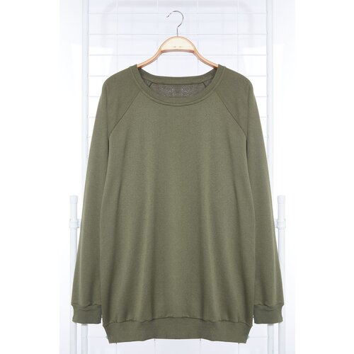 Trendyol Khaki Plus Size Oversize/Wide Cut Comfortable Basic Sweatshirt with Fleece Inside Cene