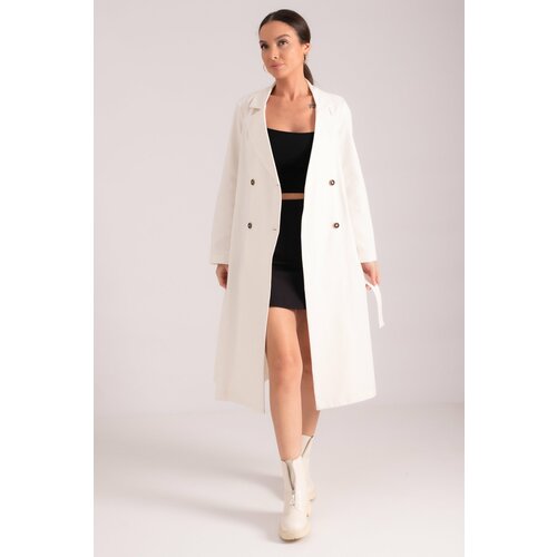 armonika Women's Ecru Double Breasted Collar Waist Belted Long Trench Coat with Pocket Cene