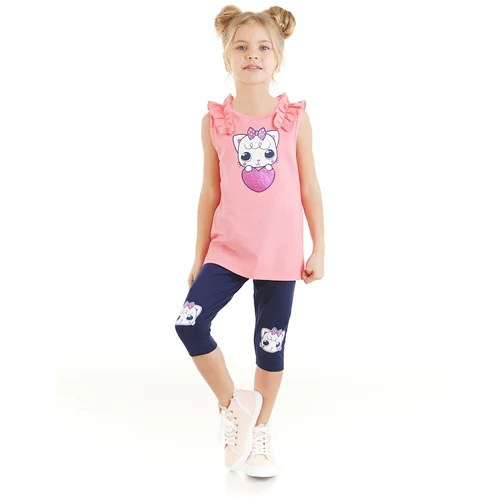 Denokids Kitten Girls Pink T-shirt, Navy Blue Leggings, Summer Suit.