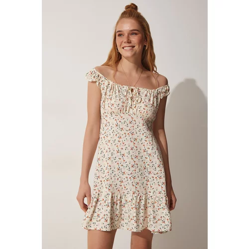 Happiness İstanbul Women's Cream Floral Summer Viscose Dress