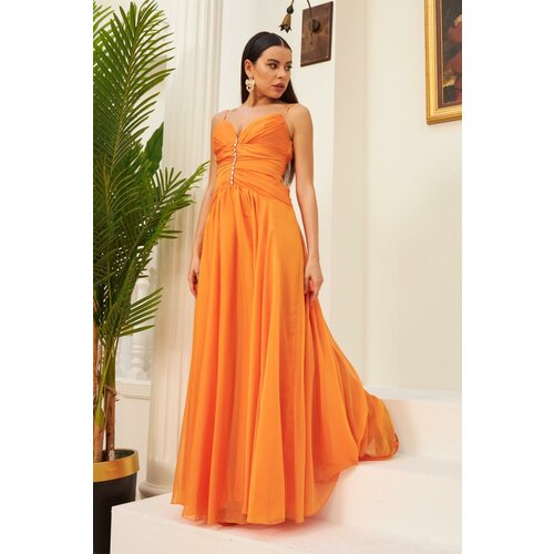 Carmen Orange Chiffon Strap Long Evening Dress and Invitation Dress with Stone Collar Slike