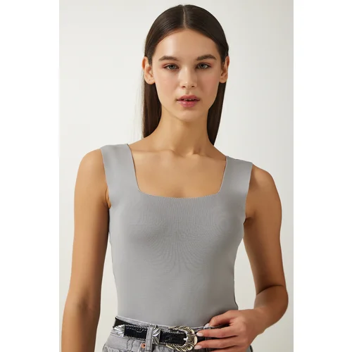  Women's Gray Square Neck Knitwear Crop Blouse