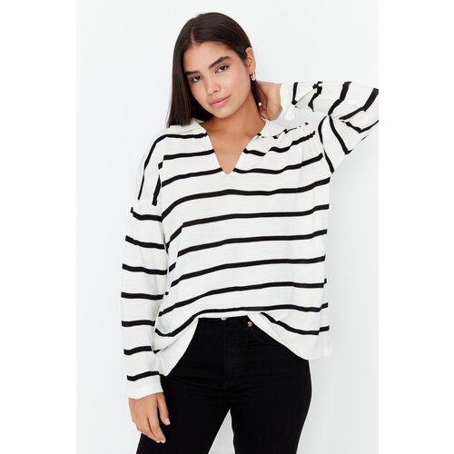 Trendyol Black Super Oversize Striped Knitwear Sweater Cene