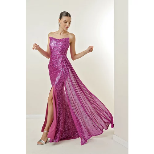 By Saygı Strapless Puffy-Plain Long Dress with Draping and Lined Front.