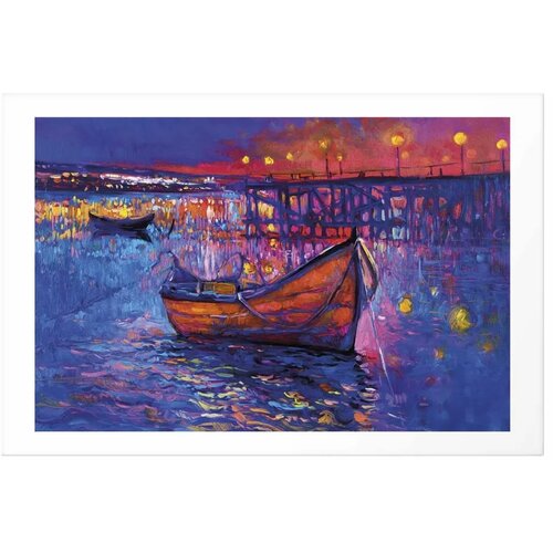  Plakat - Modern impressionism - night landscape of a lake with a floating boat 60x40 Bez okvira s margom Slike