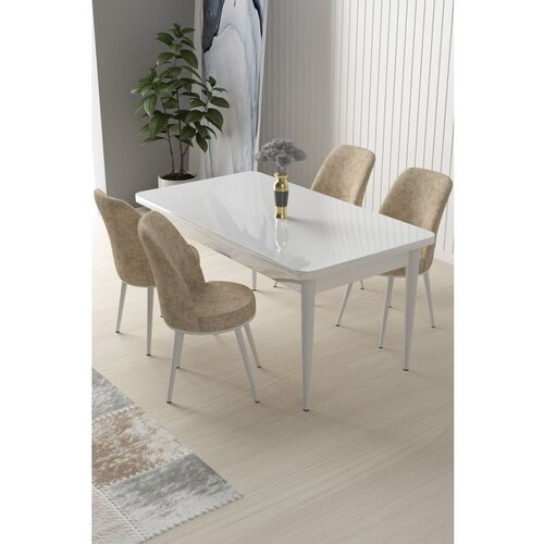 Hanah home Nil - White, Cream WhiteCream Dining Table & Chairs Set (5 Pieces) Cene