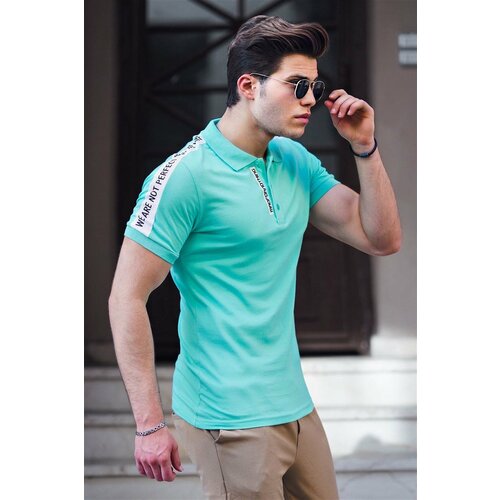 Madmext Men's Polo Neck Striped Shoulder Turquoise T-Shirt 4616 Slike
