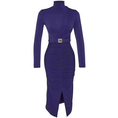 Trendyol Dark Purple Fitted/Situated Collar, Draped and Belt Knitted Knit Dress Slike