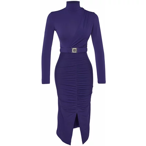 Trendyol Dark Purple Fitted/Situated Collar, Draped and Belt Knitted Knit Dress
