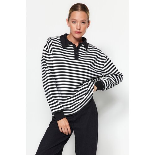 Trendyol Black Striped Polo Neck Fleece Inside Oversized/Wide Knitted Sweatshirt Slike