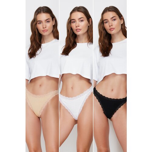 Trendyol 3-Pack Black-White-Nude 100% Cotton Ribbed Lace Detailed String Briefs Slike