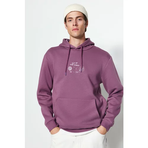 Trendyol Lilac Men Regular/Regular Cut, Space Embroidered Hooded Fleece Inner Cotton Sweatshirt.