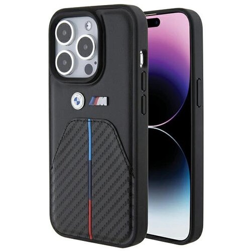 BMW Stamped Tricolor Stripe ovitek za iPhone 15 Pro, Črn Cene