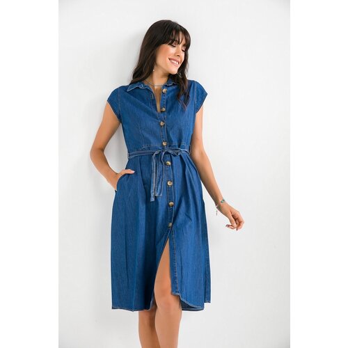 By Saygı Women&amp;#039;s Navy Blue Short Sleeve Belted Pocket Denim Shirt Dress Slike