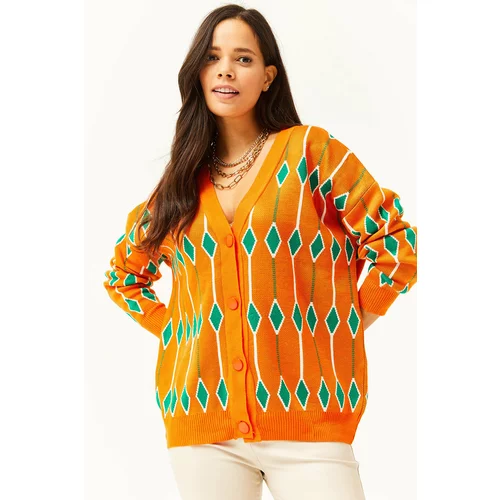 Olalook Women's Orange Diamond Pattern Oversize Knitwear Cardigan