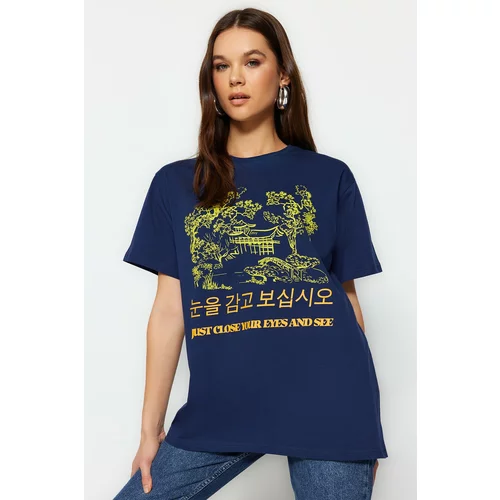 Trendyol T-Shirt - Navy blue - Boyfriend