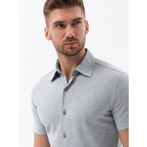 Ombre Men&amp;#039;s knitted slim fit shirt with short sleeves and collar - grey Slike
