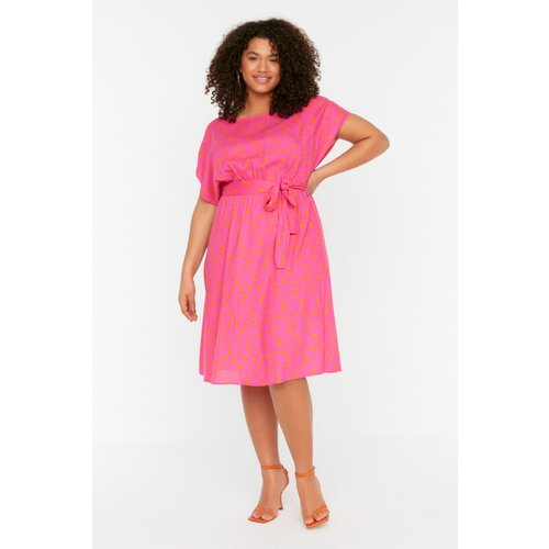 Trendyol ženska haljina Curve Fuchsia Belted Woven Cene