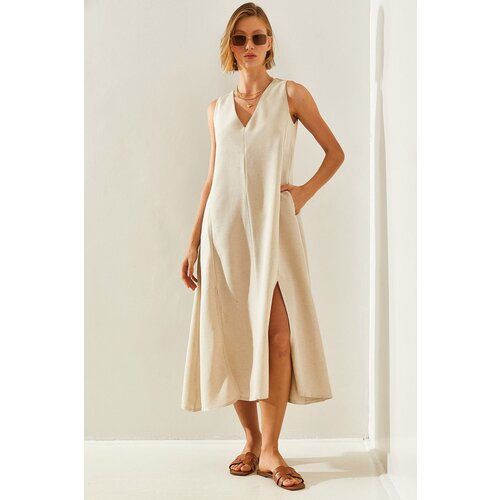 Bianco Lucci Women's V-Neck Slit Pocket Basic Linen Fr033 Dress Cene