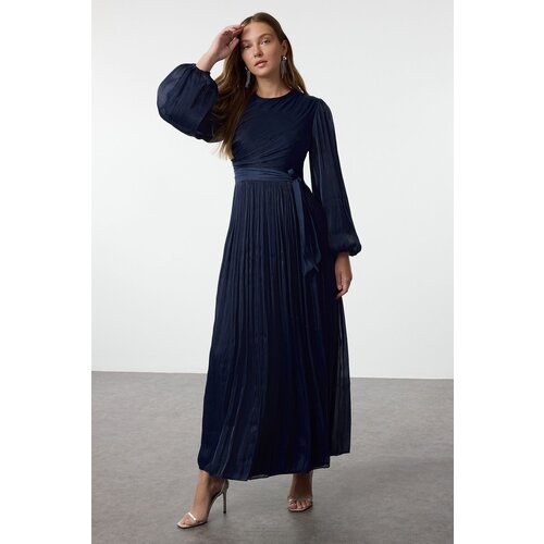 Trendyol Navy Blue Lined Sash Detailed Glitter Chiffon Evening Dress Slike