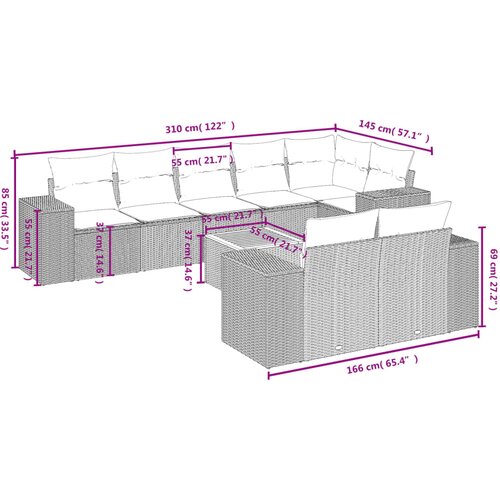  9-dijelni set vrtnih sofa s jastucima bež od poliratana 83 x 62 x 69 cm Slike