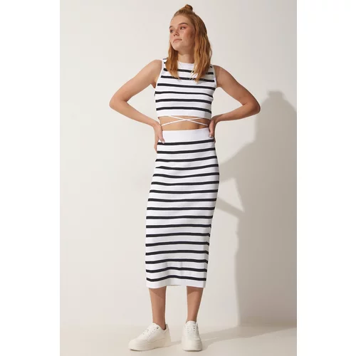 Happiness İstanbul Women's White Black Striped Crop Summer Skirt Sweater Suit