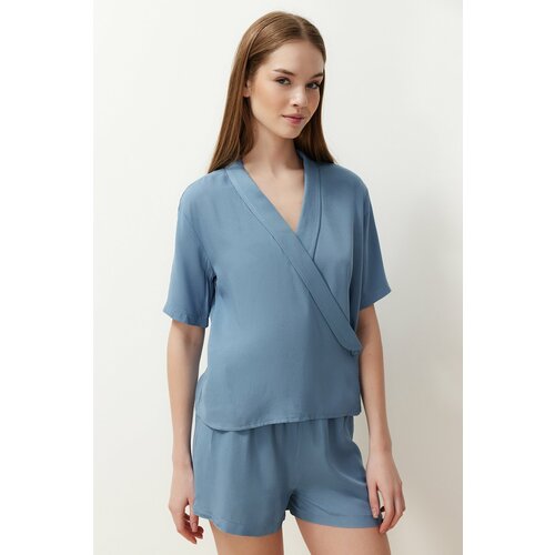 Trendyol Blue Buttoned Double Breasted Collar Viscose Woven Pajamas Set Slike