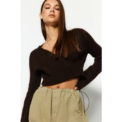 Trendyol Brown Crop Soft Textured Double Breasted Knitwear Sweater