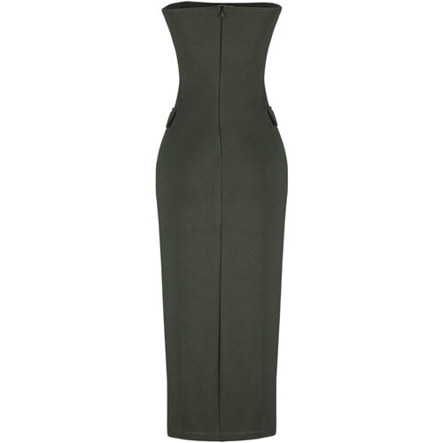 Trendyol Khaki Buttoned Strapless Wrapped Elastic Knitted Midi Dress Slike