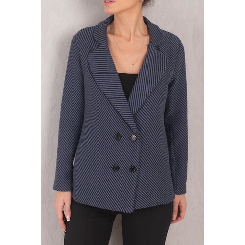 armonika Women's Dark Blue Striped Pattern Four Button Cachet Jacket Slike