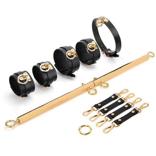 SuperLove Deluxe Metal Spreader Bar with Leather Cuffs, Collar &amp;amp; Hogtie Gold-Black Slike