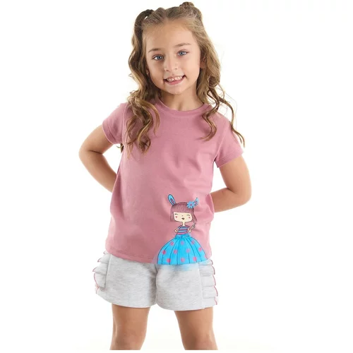 Denokids Tulle Lily Girl Child Pink T-shirt Light Gray Shorts Set