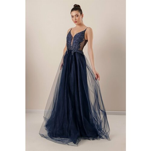 By Saygı Lined Long Tulle Dress with Guipure Beads Detailed with Thread Straps, Navy Slike