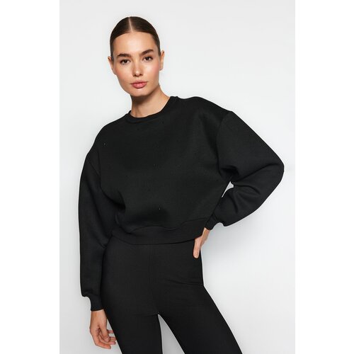 Trendyol Black Thick Fleece Inside, Stone Detail, Regular/Regular Knitted Sweatshirt Cene