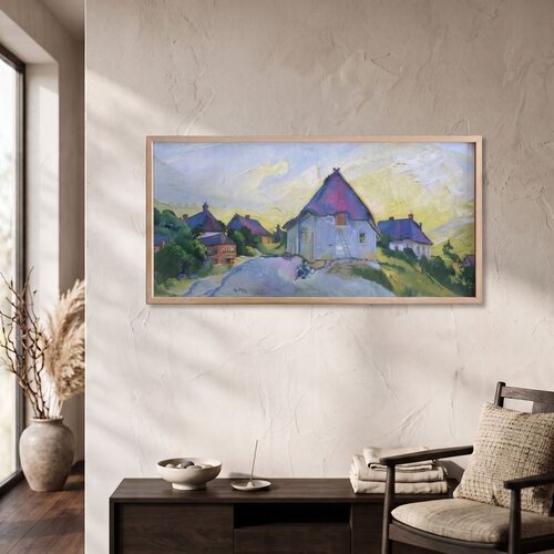 Wallxpert uramljena MDF slika ARTSNTMDL6, seoski pejzaž sa kućama pod ljubičastim krovovima, 50 x 120 cm Slike