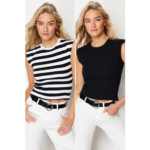 Trendyol 2-Pack Black-Multicolor Striped and Straight Ribbed Crop Moon Sleeve Elastic Knitted Blouse