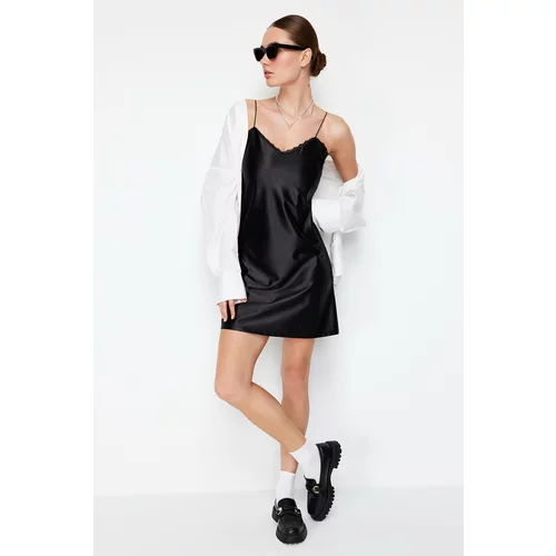 Trendyol Black Satin A-line V-neck Strappy Lace Detailed Knitted Mini Dress