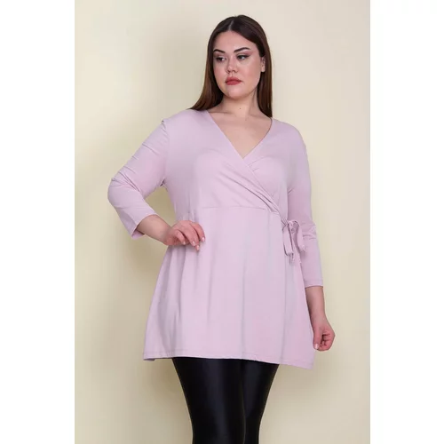 Şans Women's Plus Size Pink Wrapover Collar Tunic with Ornaments Tied Sides
