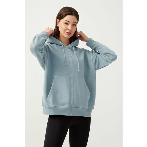LOS OJOS Women's Blue Gray Hooded Oversize Rayon Zipper Knitted Sweatshirt. Slike
