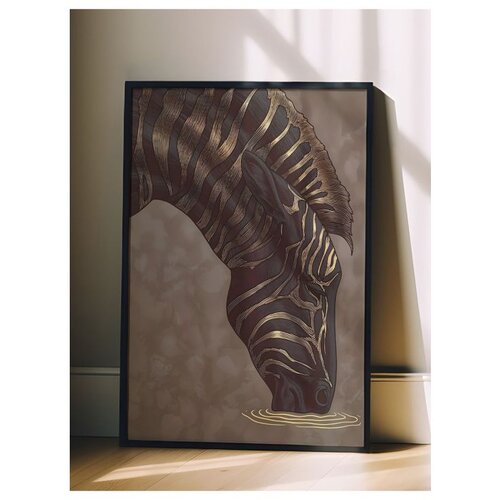 Wallxpert uramljena slika 115257, zebra sa zlatnim prugama na braon pozadini, 50 x 70 cm, crni ram Cene