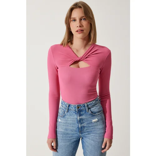  Women's Pink Cut Out Detailed Ribbed Knitted Blouse