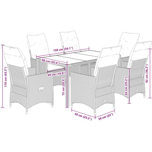  7-dijelni vrtni blagovaonski set od poliratana s jastucima bež 150 x 90 x 75 cm Slike