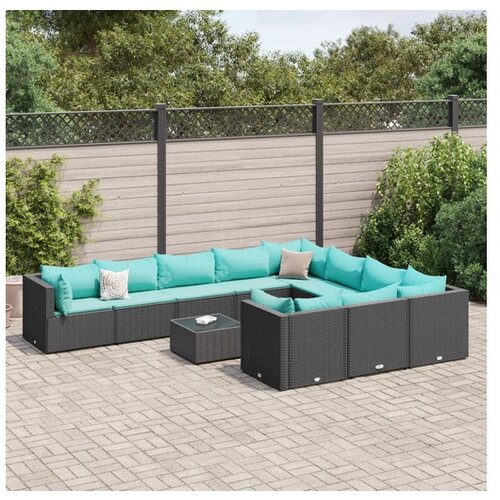 vidaXL Vrtna garnitura - 11-dijelni set vrtnih sofa od poliratana s jastucima crni - Crna i plava 4x kutna + 6x srednja + stol 1 Cene